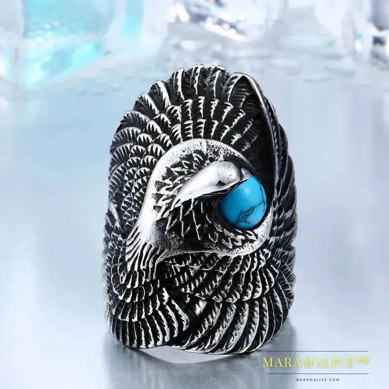 stainless steel Classic Eagle Green Stone Men's Ring Punk Animal High Quality Jewelry