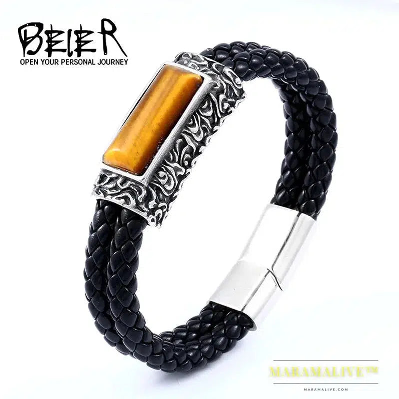 stainless steel Leather Bracelet Bangle For Man Punk Hip-pop Jewelry High Quality boy`s Gift