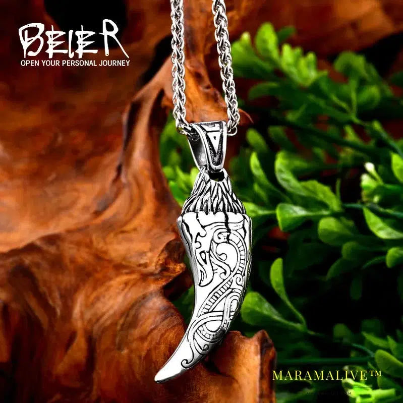 stainless steel Scandinavian amulet Norse Viking dragon men Pendant Necklace Classic animal wolf teeth Fashion jewelry