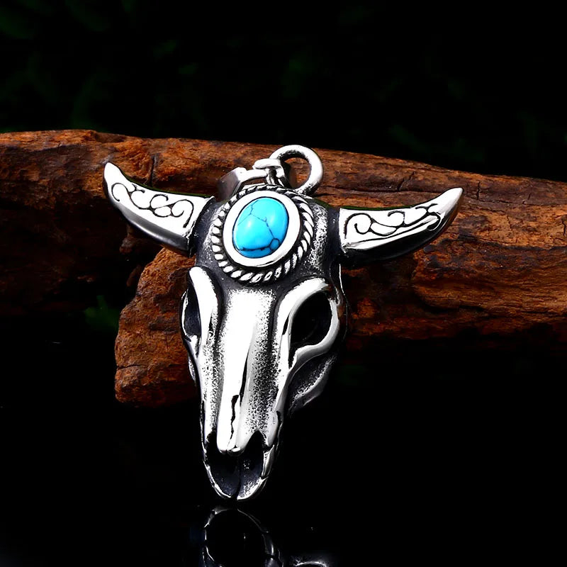 stainless steel Viking goat head green stone men's pendant necklace classic animal Cattle fashion jewelry