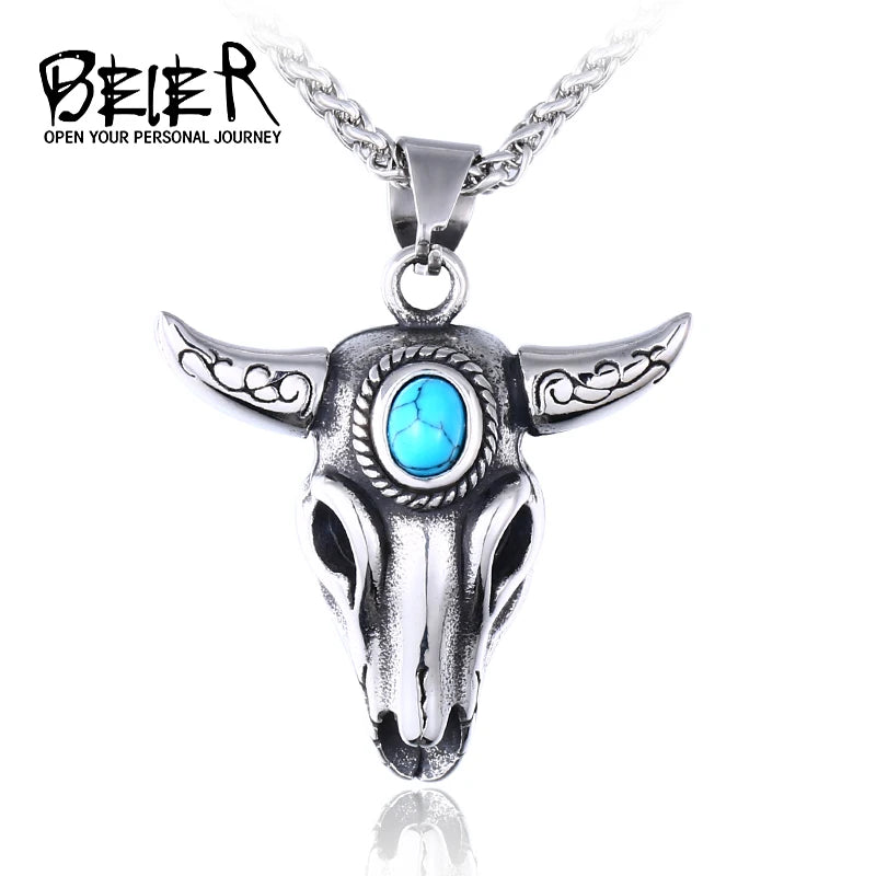 stainless steel Viking goat head green stone men's pendant necklace classic animal Cattle fashion jewelry