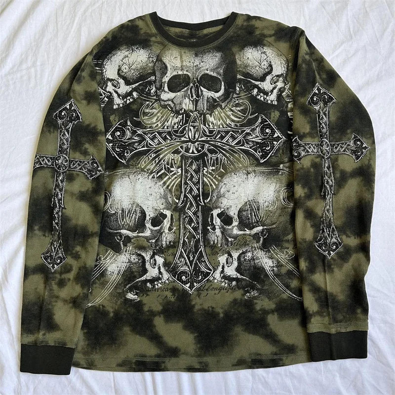 y2k Gothic Grunge Cross Skull Print T-shirt for Women Fall Long Sleeve 90s E Girl Vintage Mall Goth Pullovers Emo Alt Tops