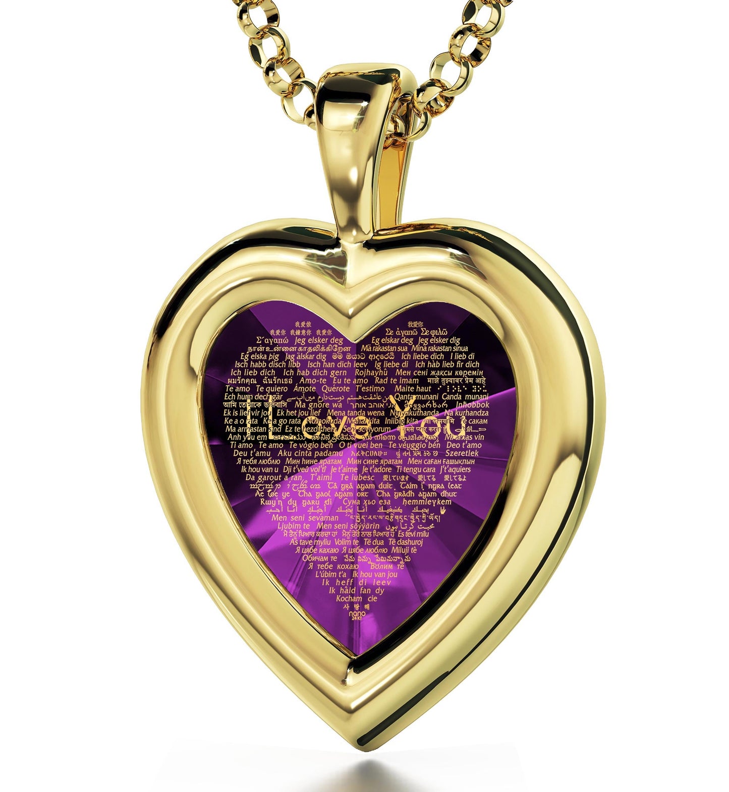 I love you Gold Plated Heart Jewelry Set: Necklace (120 Languages) + Earrings in gold with purple Swarovski crystals by Maramalive™.