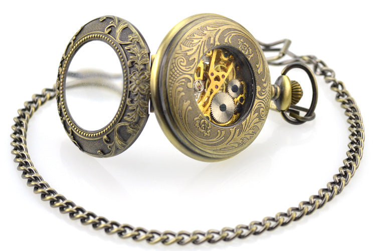 An ornate Maramalive™ STEAMPUNK Manual Winding Pocket Watch with a chain on a white background.