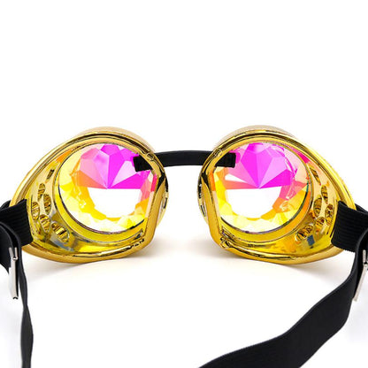 A pair of Steampunk kaleidoscope Cosplay goggles with multi colored crystals by Maramalive™ fashion goggles clothing with street photography trend.