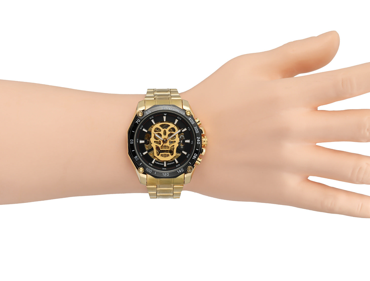 A Maramalive™ Steampunk Fashion Skull Design Black Golden Luminous Hands Skeleton Men's Mechanical Wrist Watch on a white background.