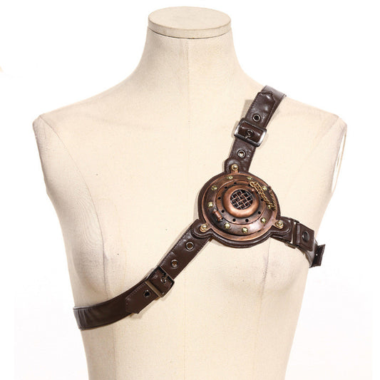 A Maramalive™ mannequin torso with a Steampunk chest buckle with LED lights Great for Cosplay or Halloween.