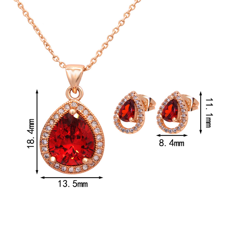 A Zircon Bridal Jewelry Set, brand Maramalive™, featuring a rose gold plated pendant and earring set with red topaz.