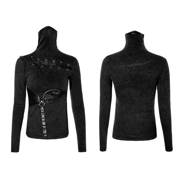 Black High Collared Shirt with lacing, leather embellishments, with long sleeves 
