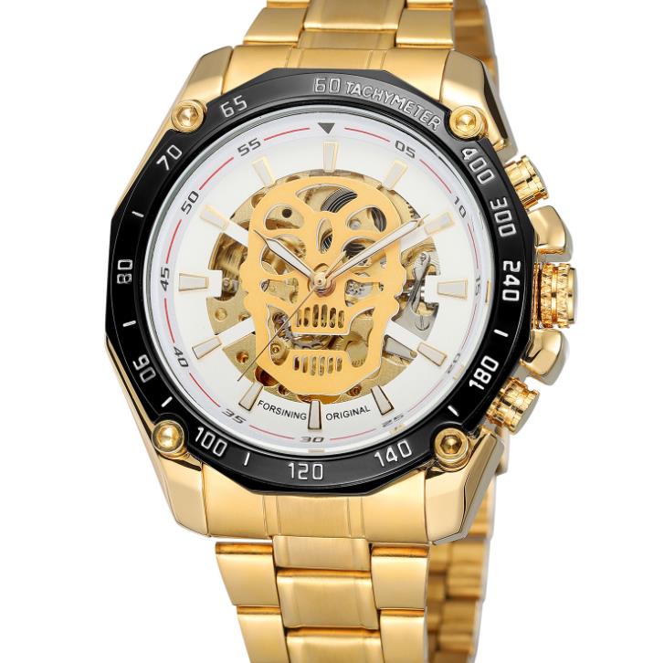 A Maramalive™ Steampunk Fashion Skull Design Black Golden Luminous Hands Skeleton Men's Mechanical Wrist Watch on a white background.