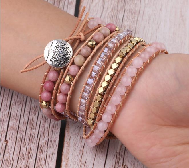 A pink leather wrap bracelet with a Natural Rose Quartz crystal rough mix Stand Out Piece of Gorgeous Jewelry No Two Alike stone, by Maramalive™.