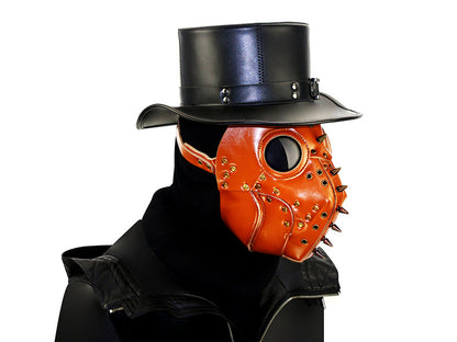 A Steampunk Plague Doctor Mask Red with Spikes and Goggles by Maramalive™, and a top hat.