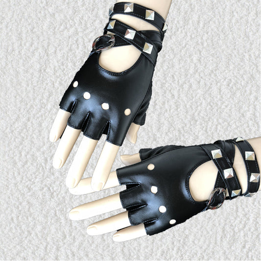 A pair of Maramalive™ Women Punk Rock Half Finger Gothic Gloves Cosplay Costume Rivets Studded Biker Driving Leather Fingerless Gloves Accessory.