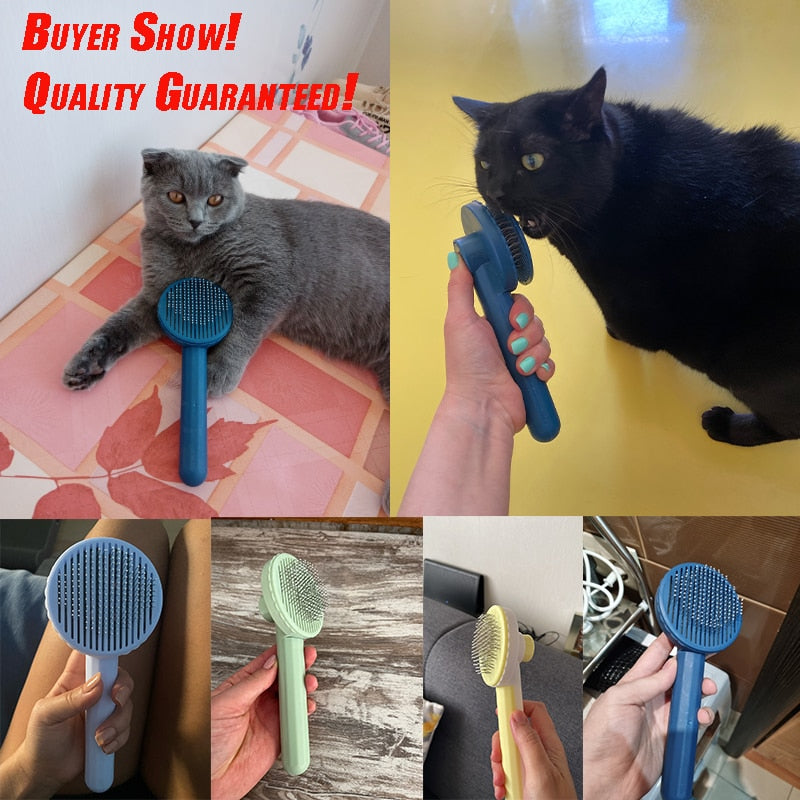 A Maramalive™ One-key Pet Hair Removal Brush with a cat on it.
