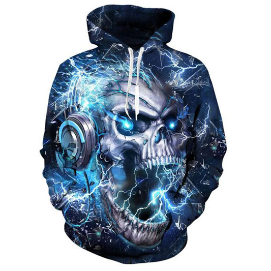 A Maramalive™ 3D Printed Skull Hoodie with lightning design.