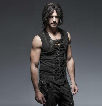 A man wearing a Maramalive™ Vintage Steampunk Gothic Vest Shirt and black pants.