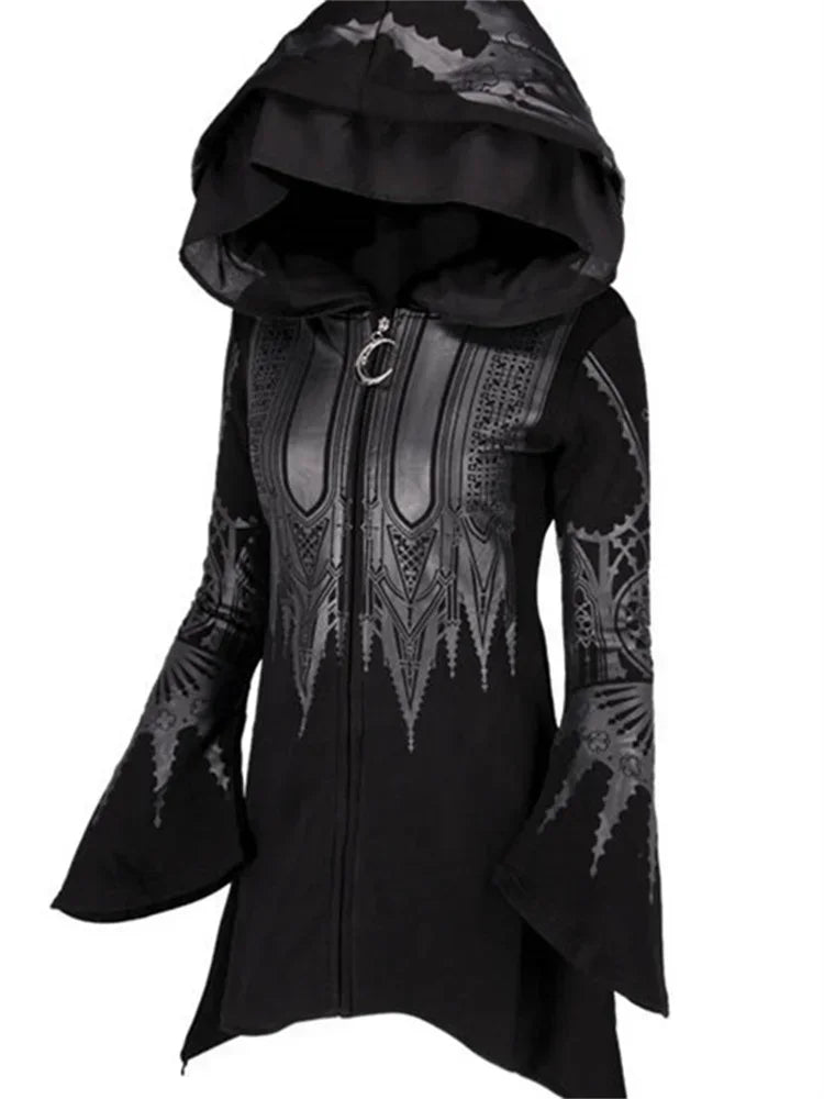 Street Goth Punk Style Black Long Hooded Top Retro Dark Grunge Y2K Print Sweatshirts 2022 New Autumn Winter Ladies Tops