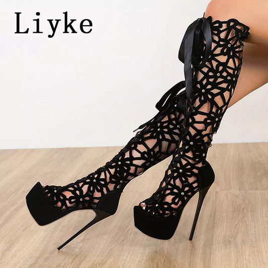 Ultra Thin High Heels Sexy Nightclub Hollow Out Over The Knee Boots Women Peep Toe Lace-Up Zip Platform Shoes Sandals