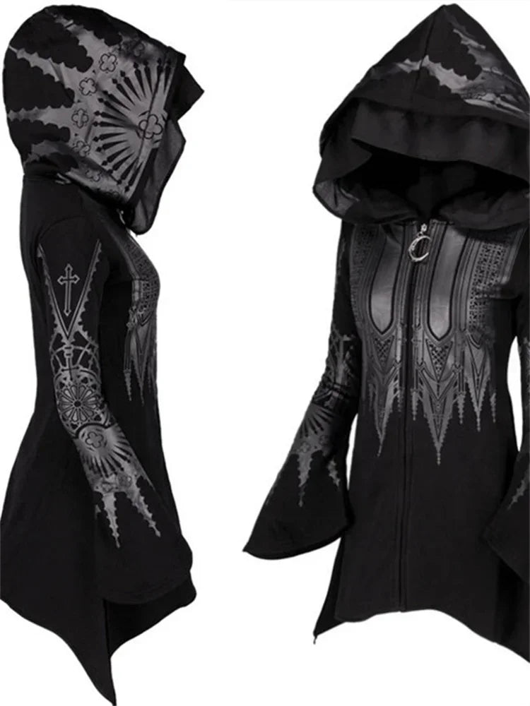 Street Goth Punk Style Black Long Hooded Top Retro Dark Grunge Y2K Print Sweatshirts 2022 New Autumn Winter Ladies Tops