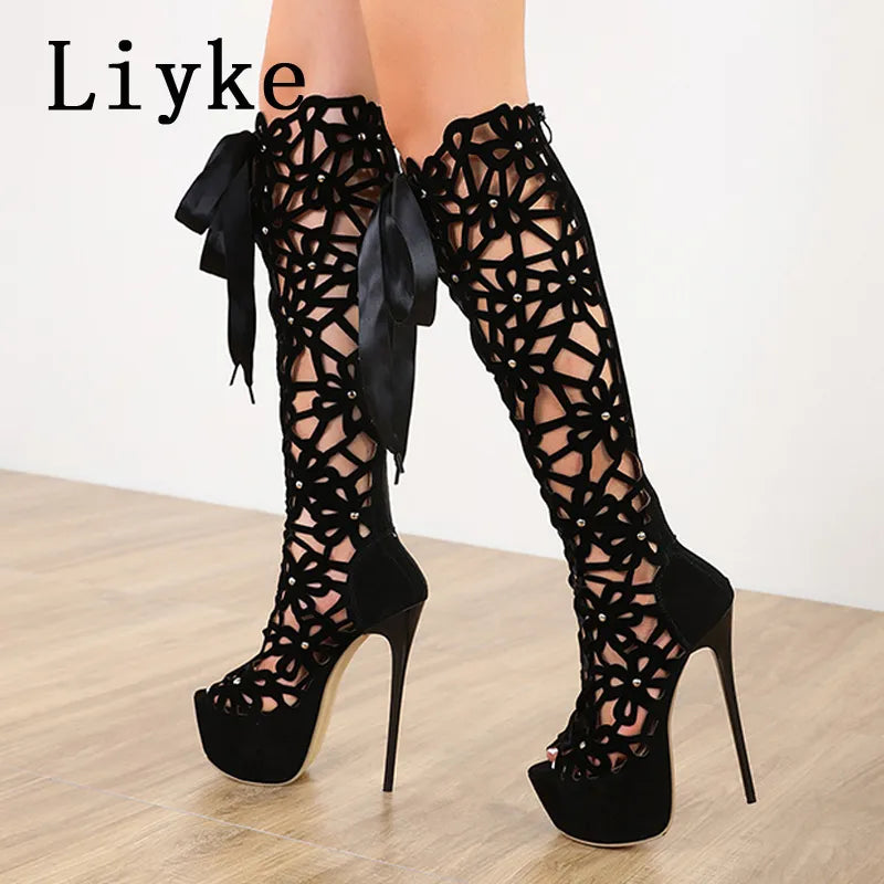 Ultra Thin High Heels Sexy Nightclub Hollow Out Over The Knee Boots Women Peep Toe Lace-Up Zip Platform Shoes Sandals