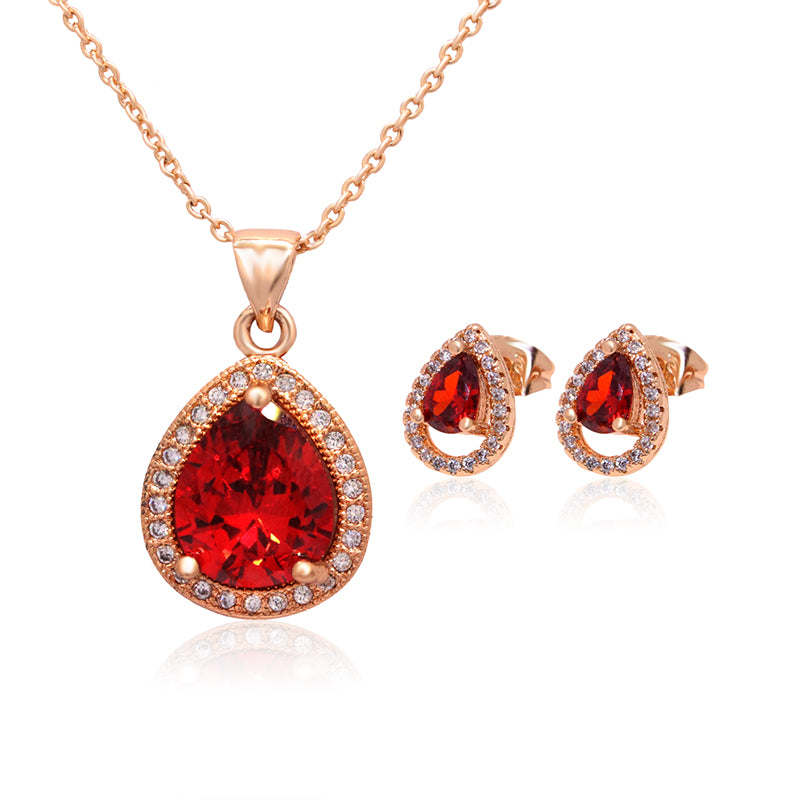 A Zircon Bridal Jewelry Set, brand Maramalive™, featuring a rose gold plated pendant and earring set with red topaz.