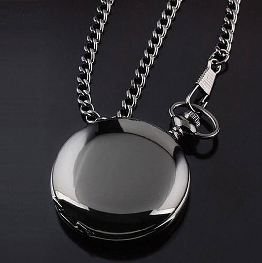 A Maramalive™ retro black fashion silver smooth steampunk quartz pocket watch on a stainless steel chain necklace 30 cm for men for women with gift box, on a black surface.