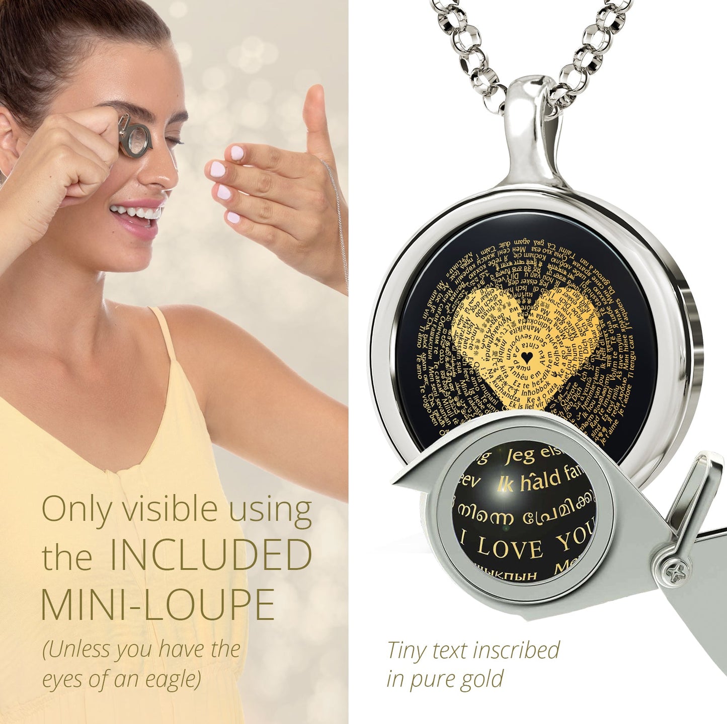 A Multilingual I Love You Necklace with 24k Gold Inscriptions and Crystal Heart Earrings by Maramalive™.