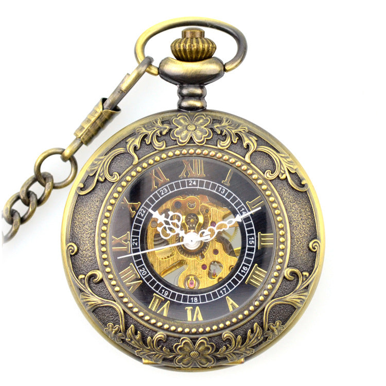 An ornate Maramalive™ STEAMPUNK Manual Winding Pocket Watch with a chain on a white background.
