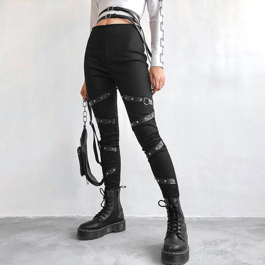 Push Up Black Gothic Leggings Women Ribbon With Rivet Patchwork Leggins Mujer Streetwear High Waist Punk Legging Pants
