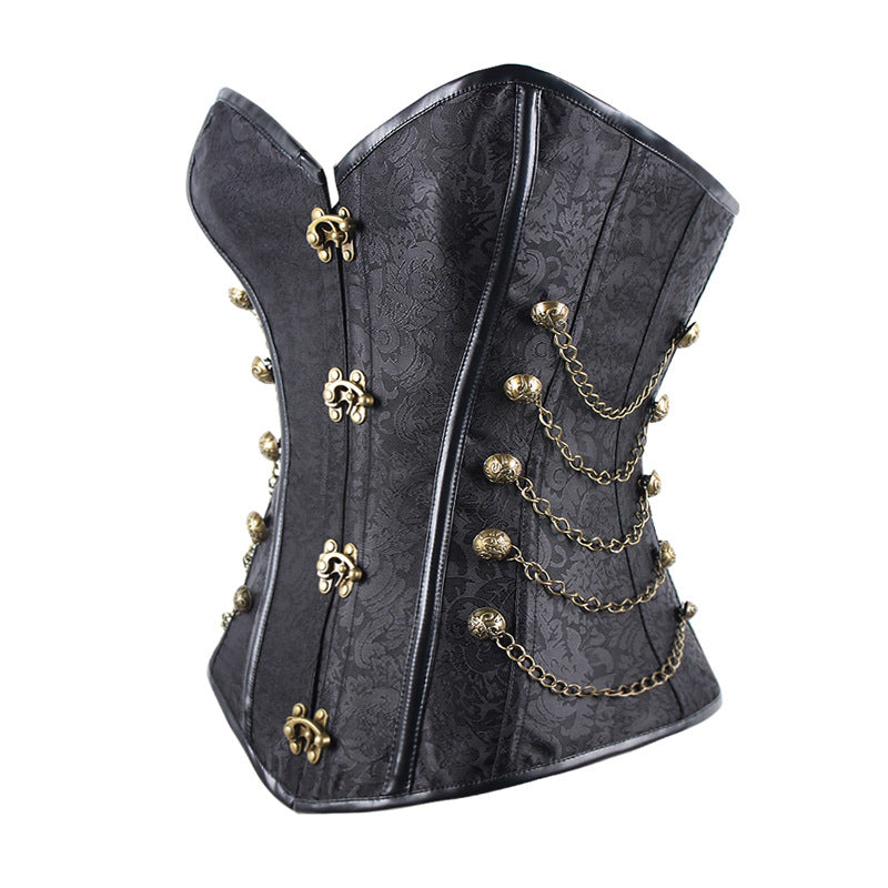 A Vintage Steampunk Goth Corset with Metal Chains and Clasps by Maramalive™.