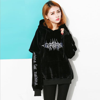 Gothic Sweatshirt Black Hoodies Women High Street Harajuku Loose Casual Hoodie Embroidery Girls Fashion Hoodies Gothic