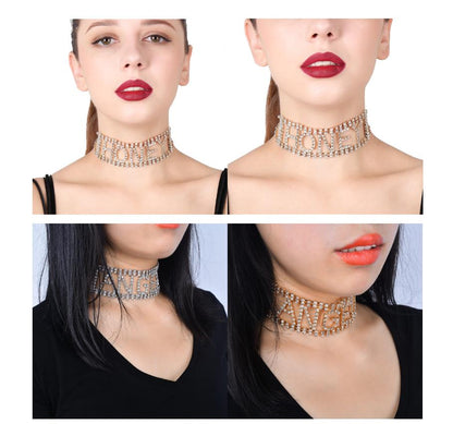 Four different pictures of a woman wearing an Exaggerated Diamond Rhinestone Letter Necklace for Nightclubs by Maramalive™ choker.