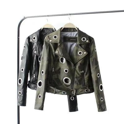 Two Maramalive™ Hollow loop leather motorcycle biker jackets hanging on a rack.