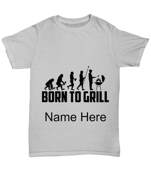 A Maramalive™ t-shirt that says Born to Grill personalized father's day gift.